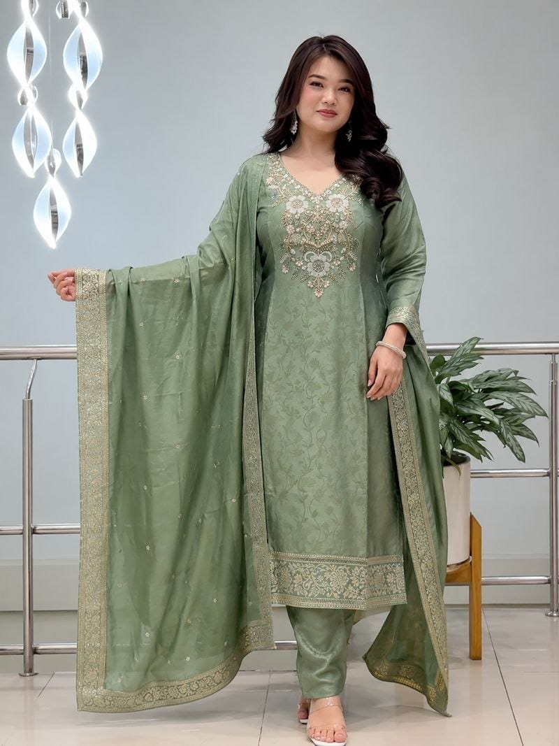 Sage Green Embroidered Jacquard Kurta Pant Set
