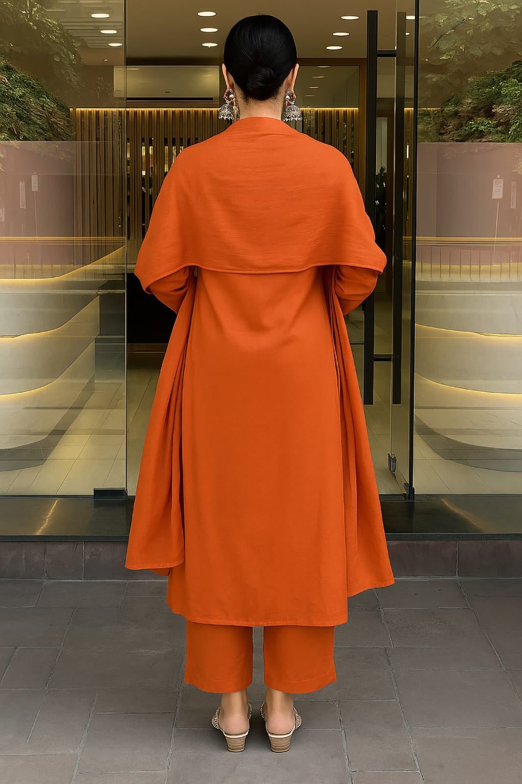 Rust Orange Floral Embroidered Kurta Set