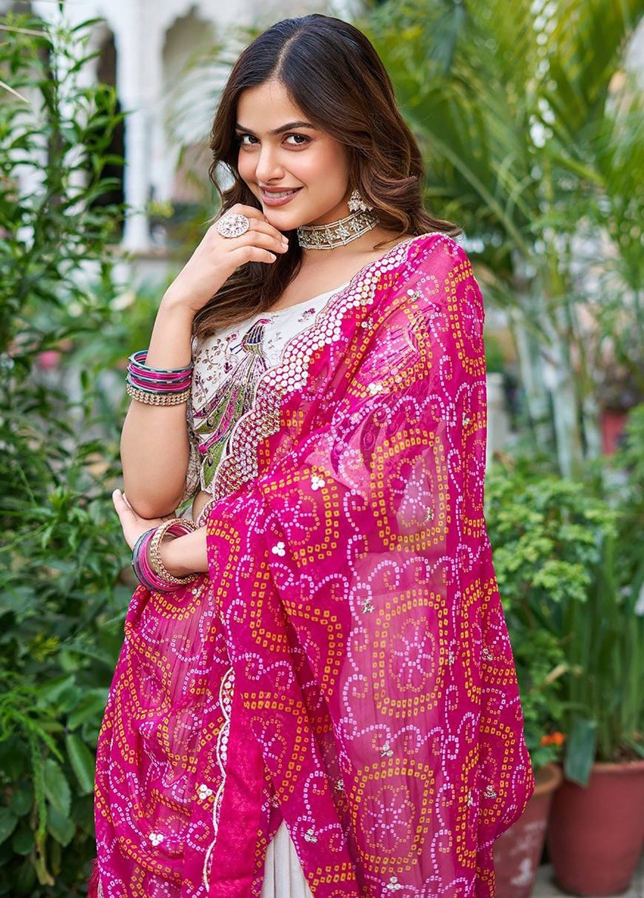 Peacock Embroidered Lehenga Choli with Bandhani Dupatta set