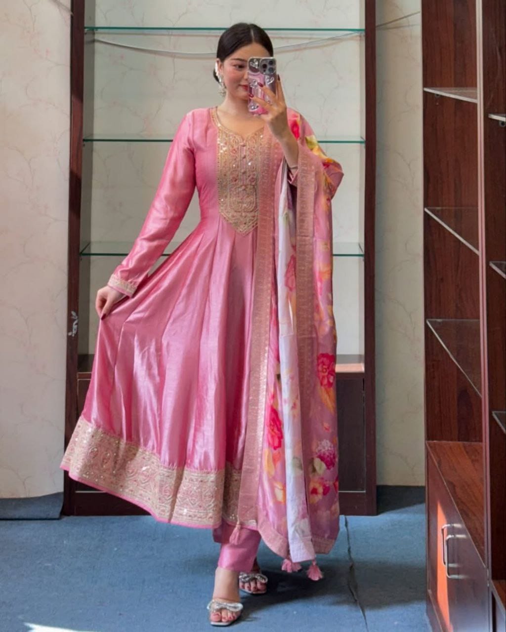 Pink Embroidered Anarkali Kurta Pant & Floral Dupatta Set