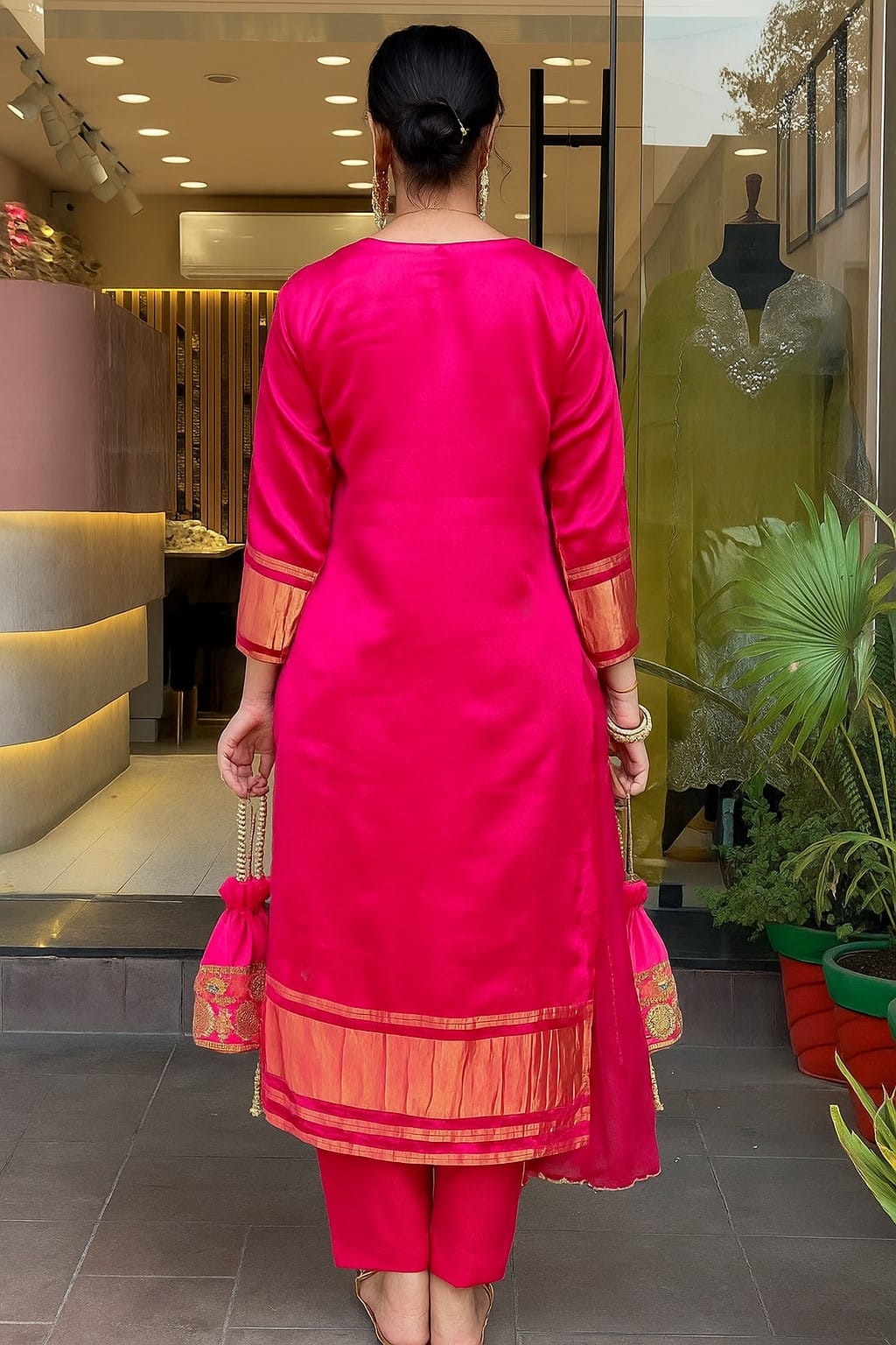 Women's Hot Pink Embroidered Kurta Set
