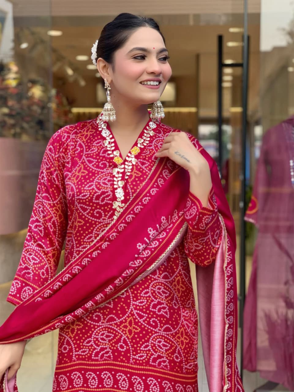 Women's Rani Pink Bandhani Print Kurta Set