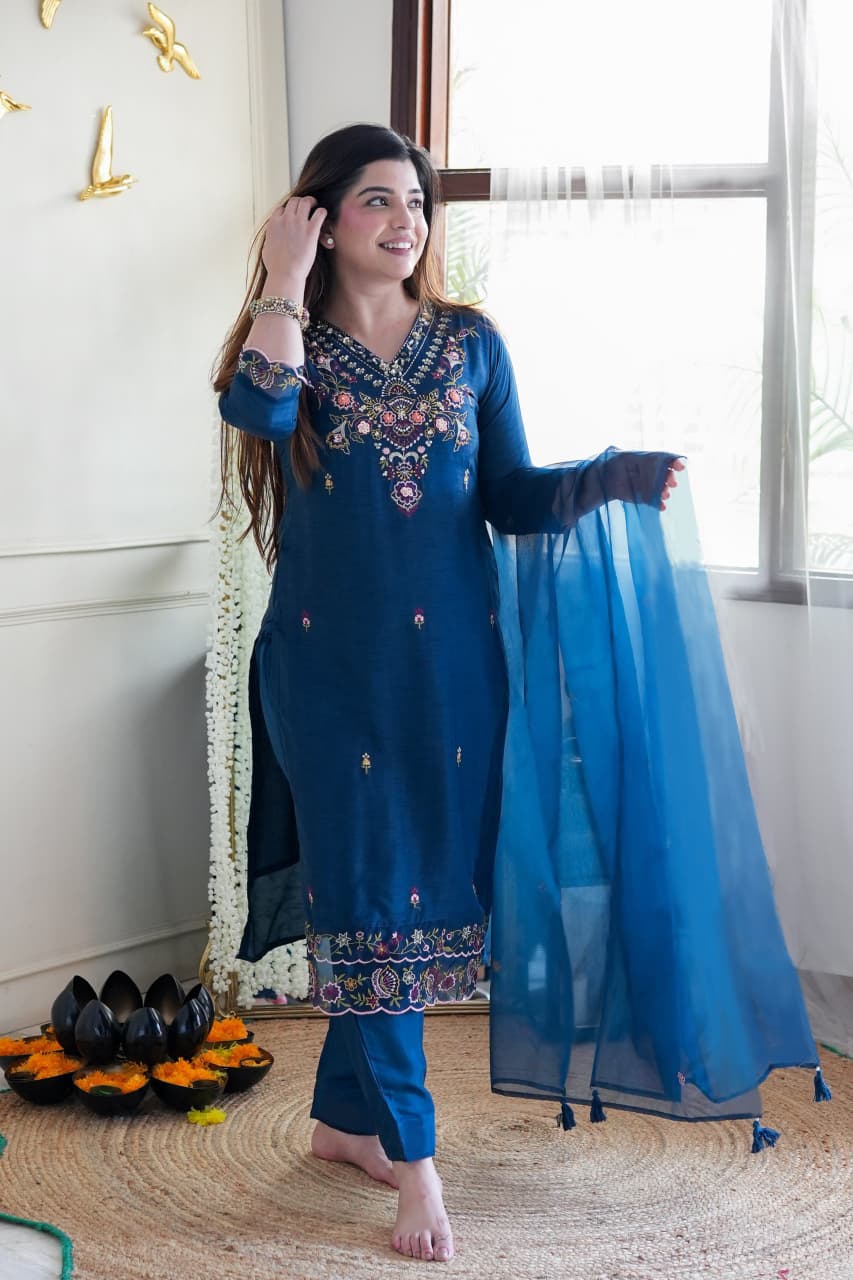 Teal Blue Embroidered Straight Kurta Set