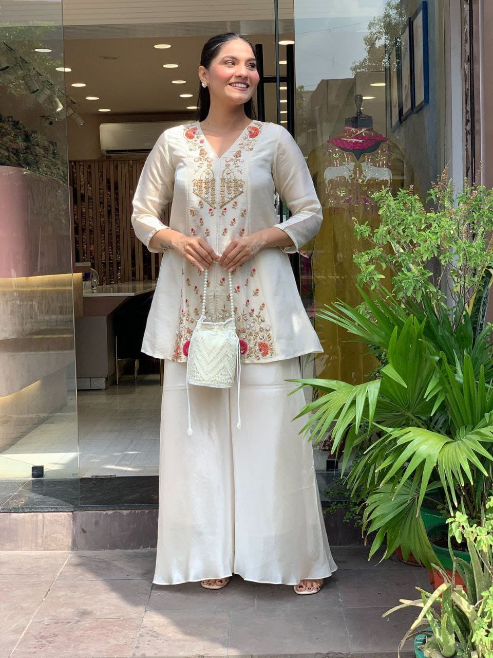 Ivory Floral Embroidered Short Kurta with Palazzo Set