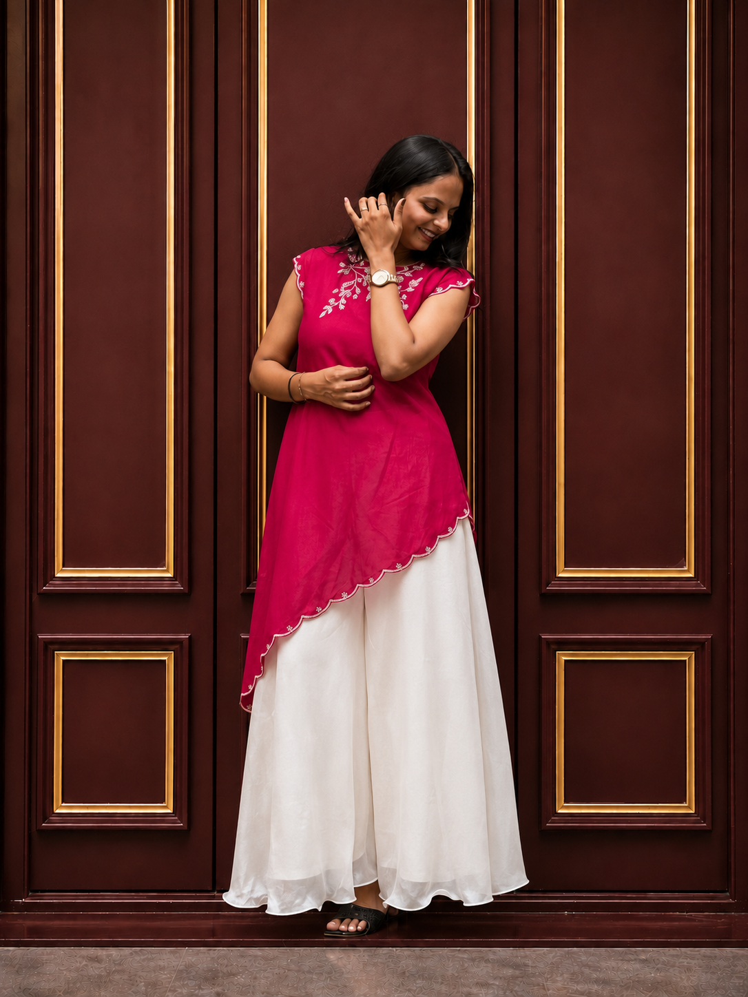 Embroidered Rani Pink & White Palazzo Set