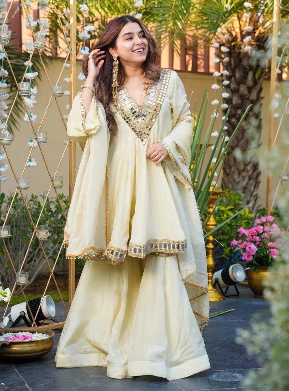 Mirror Work Kurta Set with Palazzo & Dupatta