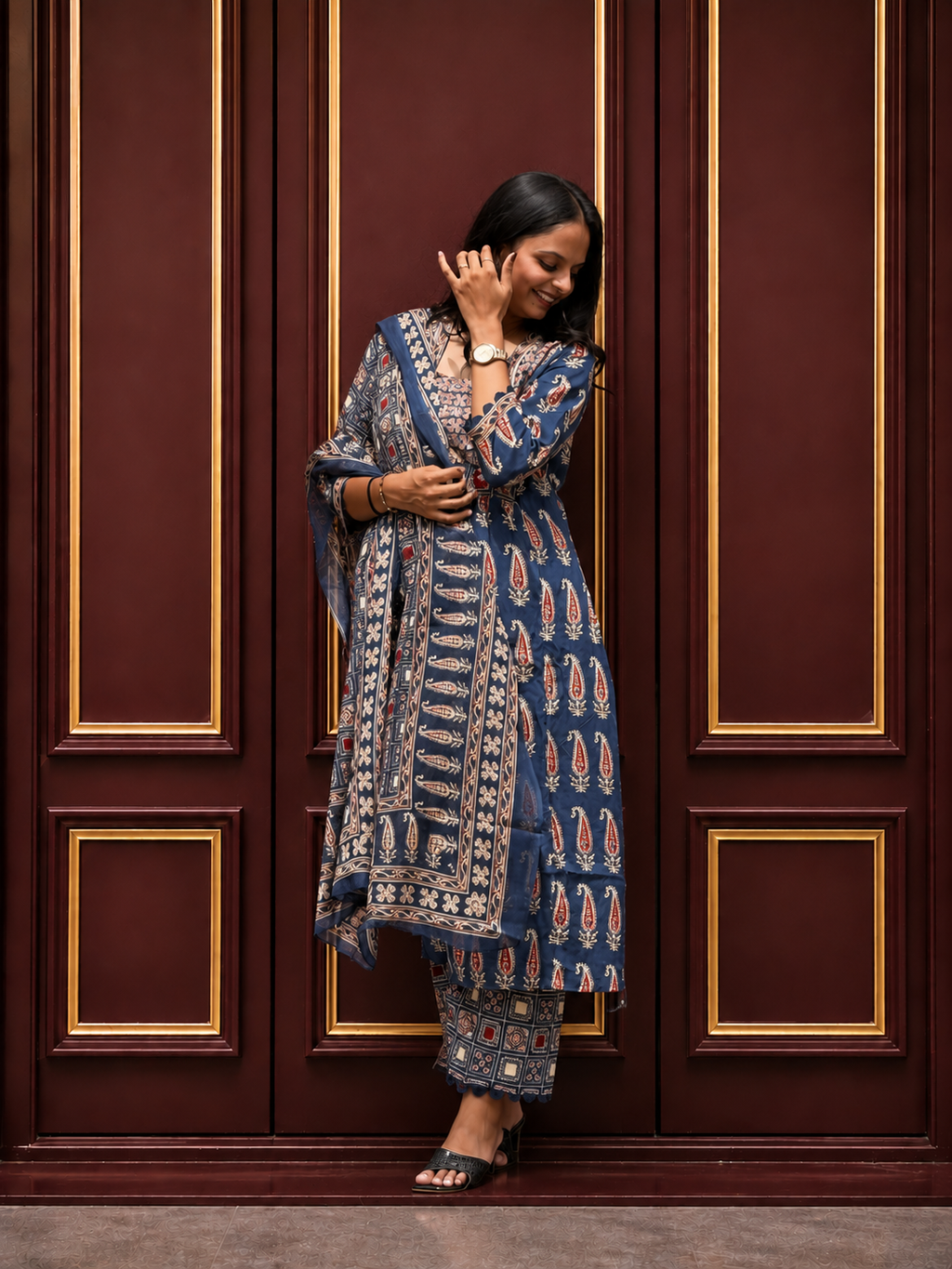 Navy Blue Paisley Printed Cotton Kurta Set with Dupatta