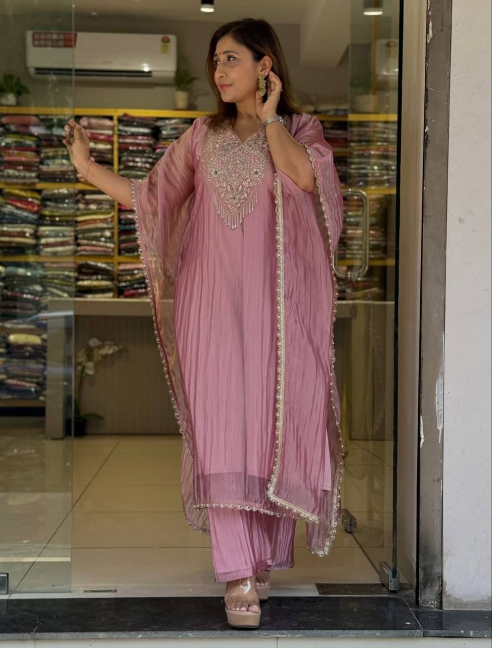 Dusty Rose Embroidered Salsa Crush Silk Kaftan and Plazzo Set
