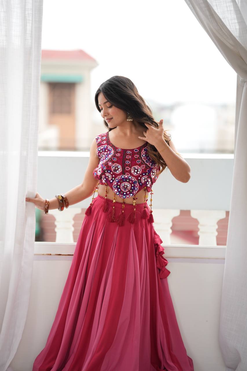 Wine Pink Embroidered Lehenga Choli with Mirror Work & Tassel Detailing