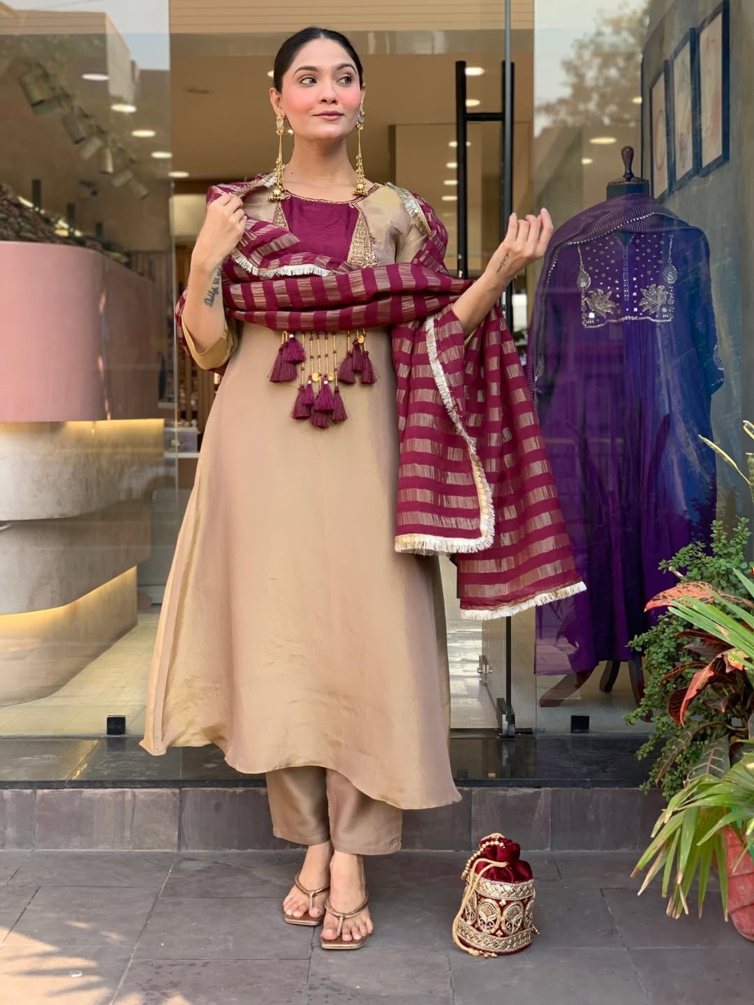 Elegant Beige & Wine Designer Kurta Set with Striped Dupatta