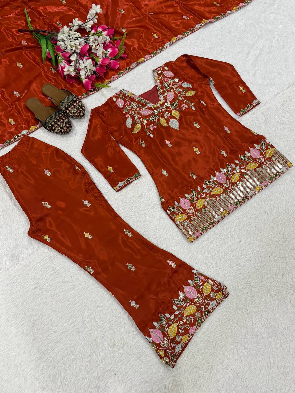 Rust Orange Embroidered Kurta Pant Set with Dupatta
