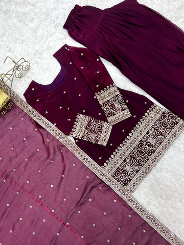 Wine Purple Embroidered Kurta Salwar Set
