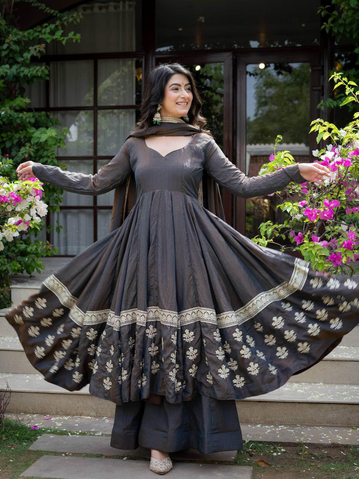 Charcoal Grey Embroidered Anarkali Suit with Dupatta