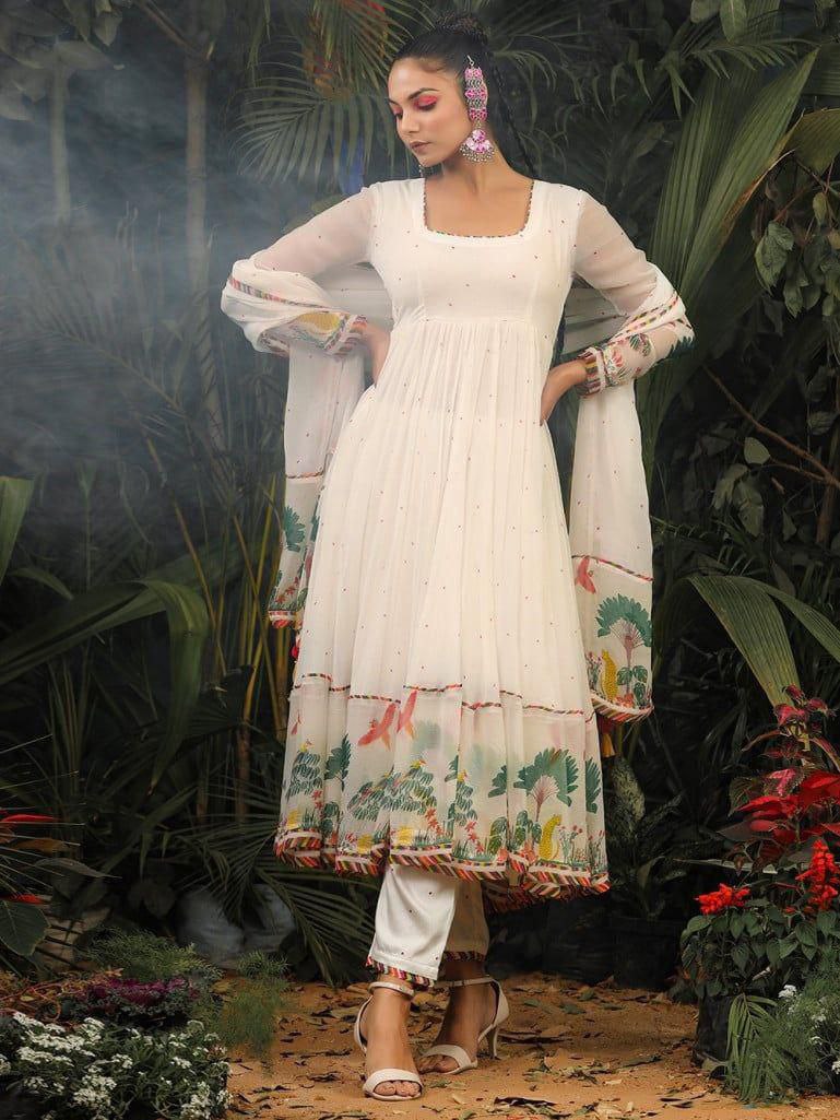 Ivory Floral Printed Anarkali Kurta Pant Set with Dupatta