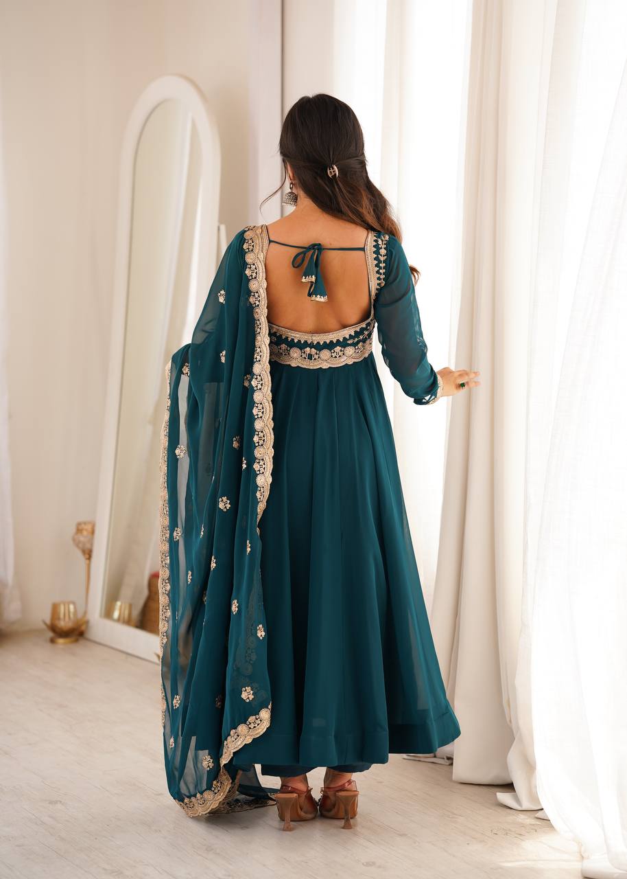 Teal Blue Embroidered Anarkali Suit Set with Dupatta