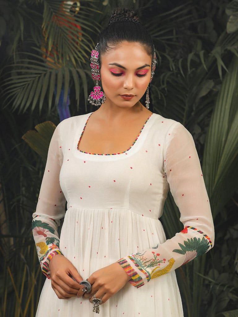 Ivory Floral Printed Anarkali Kurta Pant Set with Dupatta