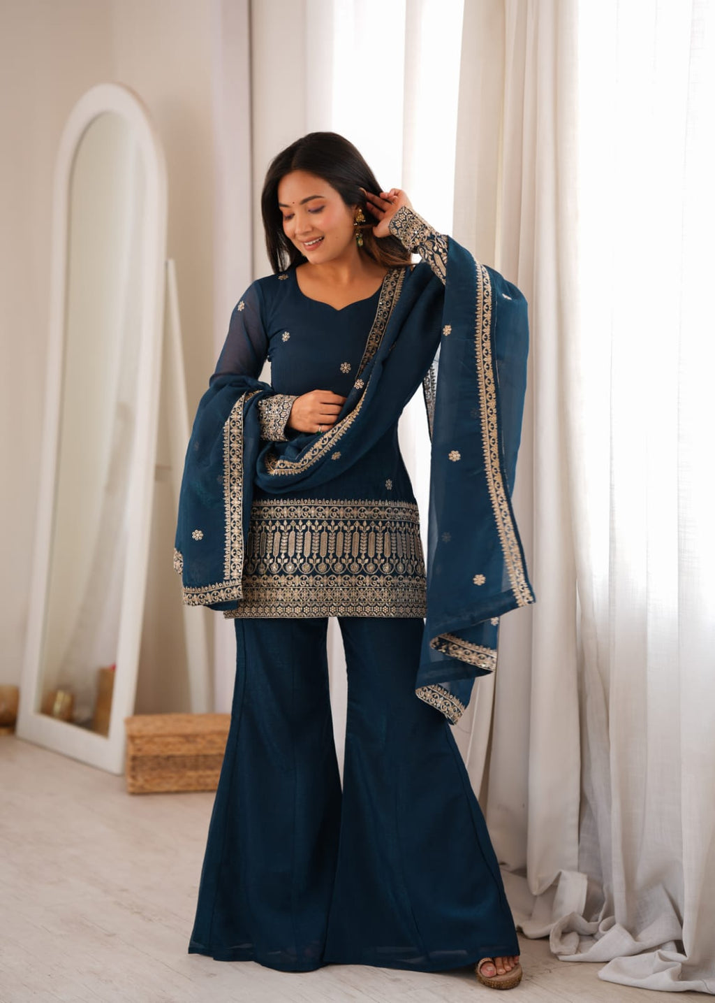 Indigo Embroidered Kurta Sharara Set