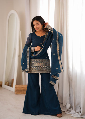 Indigo Embroidered Kurta Sharara Set
