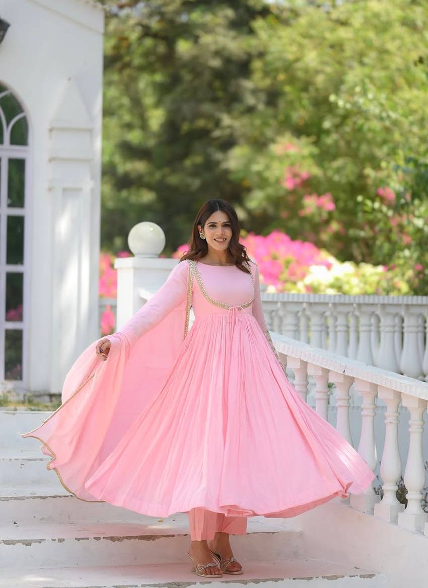 Pastel Pink Anarkali Suit Set with Gold Border Dupatta