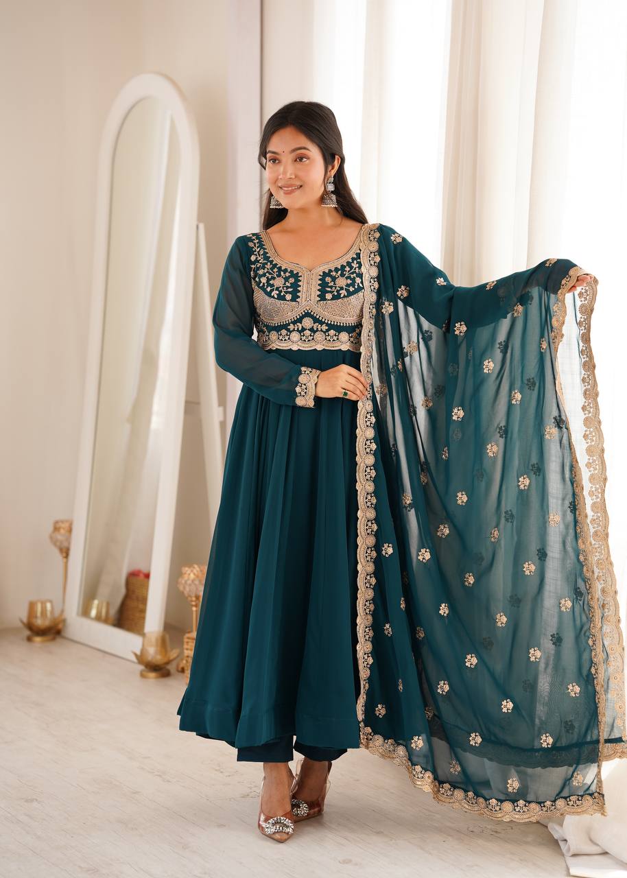 Teal Blue Embroidered Anarkali Suit Set with Dupatta