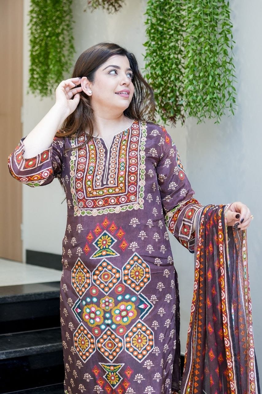 Brown Ethnic Printed Kurta Pant Set