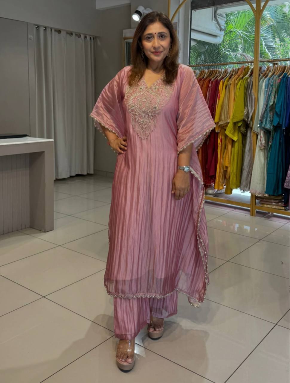 Dusty Rose Embroidered Salsa Crush Silk Kaftan and Plazzo Set
