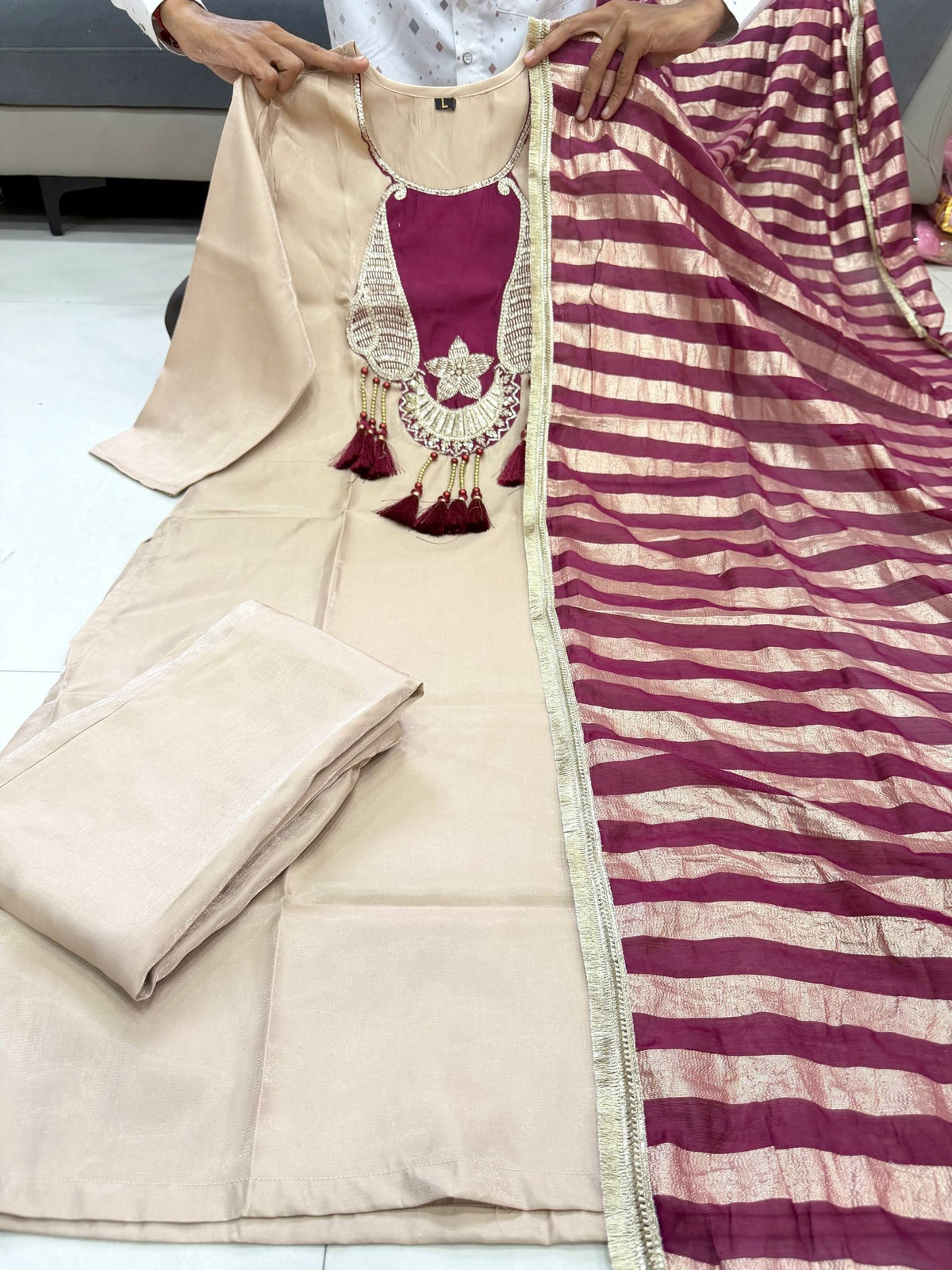 Elegant Beige & Wine Designer Kurta Set with Striped Dupatta