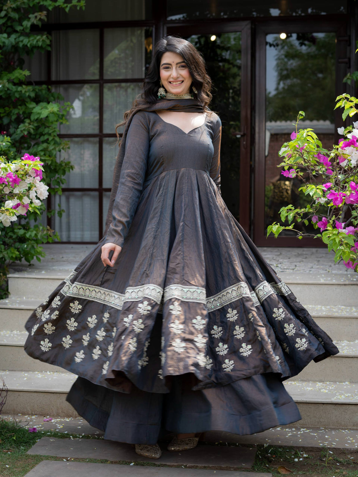 Charcoal Grey Embroidered Anarkali Suit with Dupatta