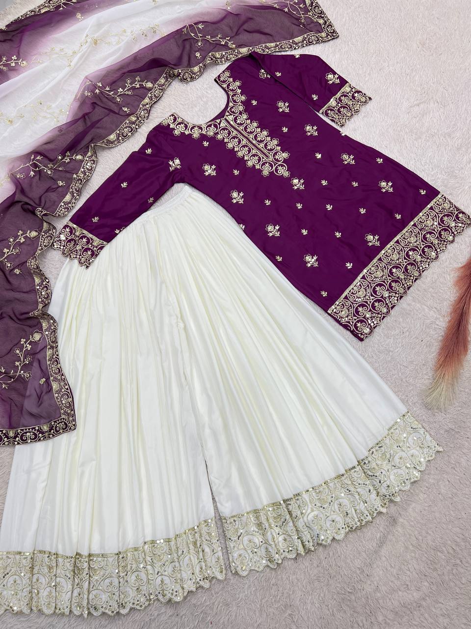 Royal Purple Embroidered Kurta Palazzo & Dupatta Set