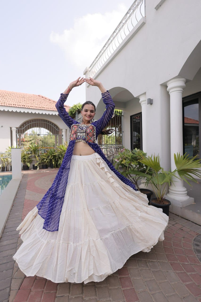 Women’s Purple & White Navratri Lehenga Set with Embroidered Jacket