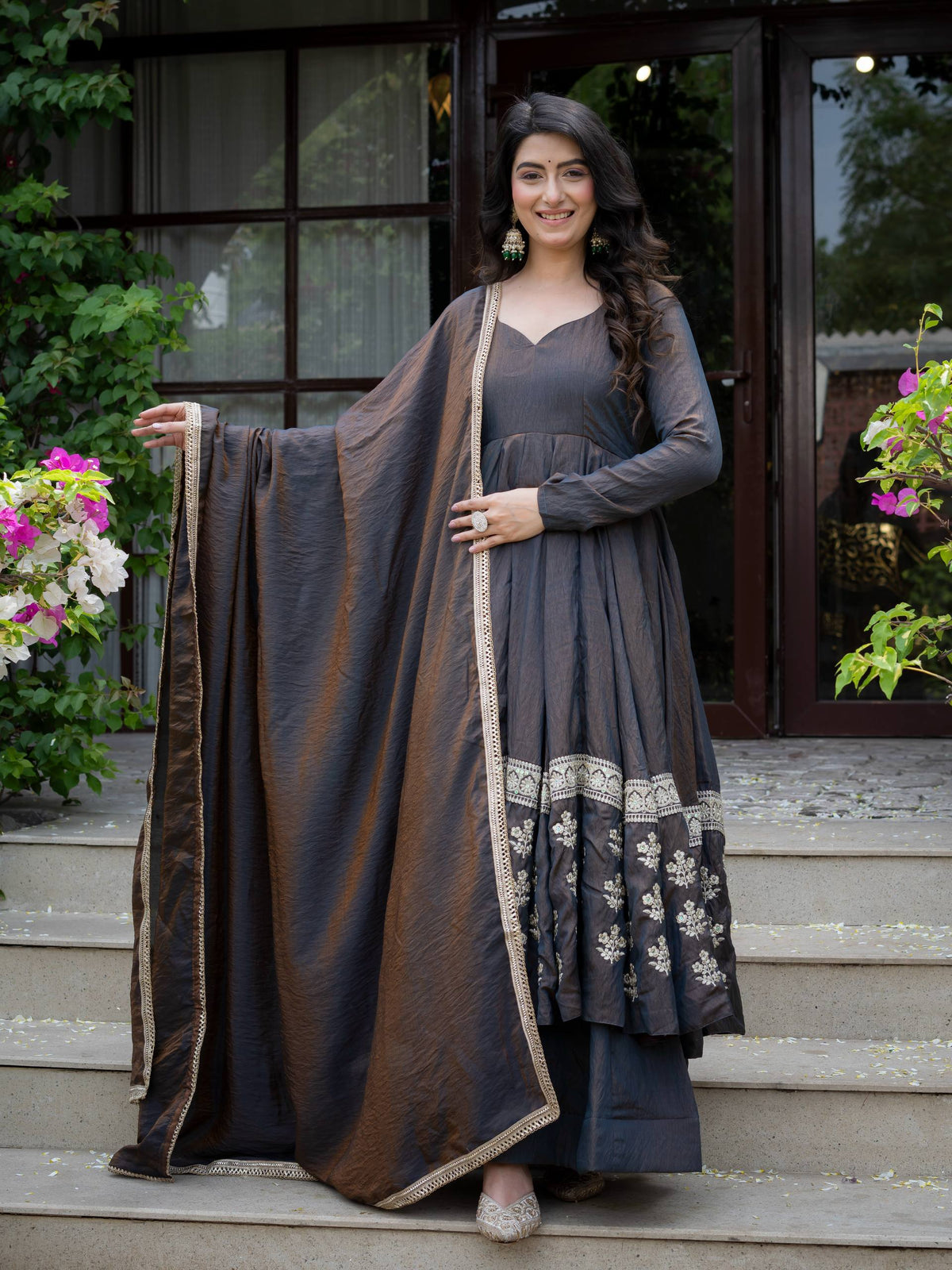 Charcoal Grey Embroidered Anarkali Suit with Dupatta