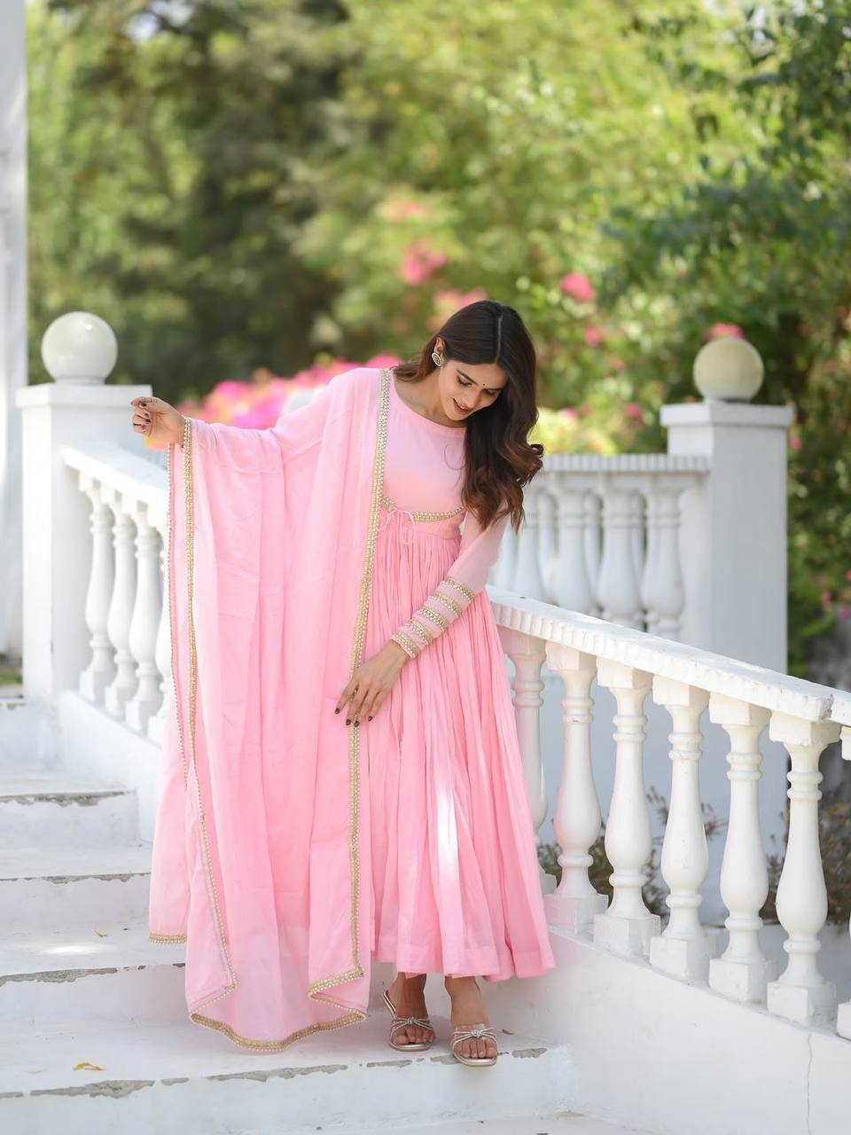 Pastel Pink Anarkali Suit Set with Gold Border Dupatta