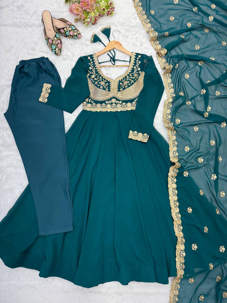 Teal Blue Embroidered Anarkali Suit Set with Dupatta