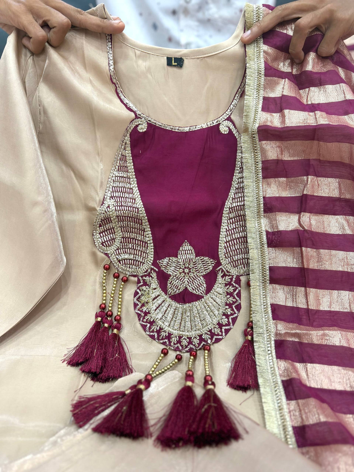 Elegant Beige & Wine Designer Kurta Set with Striped Dupatta