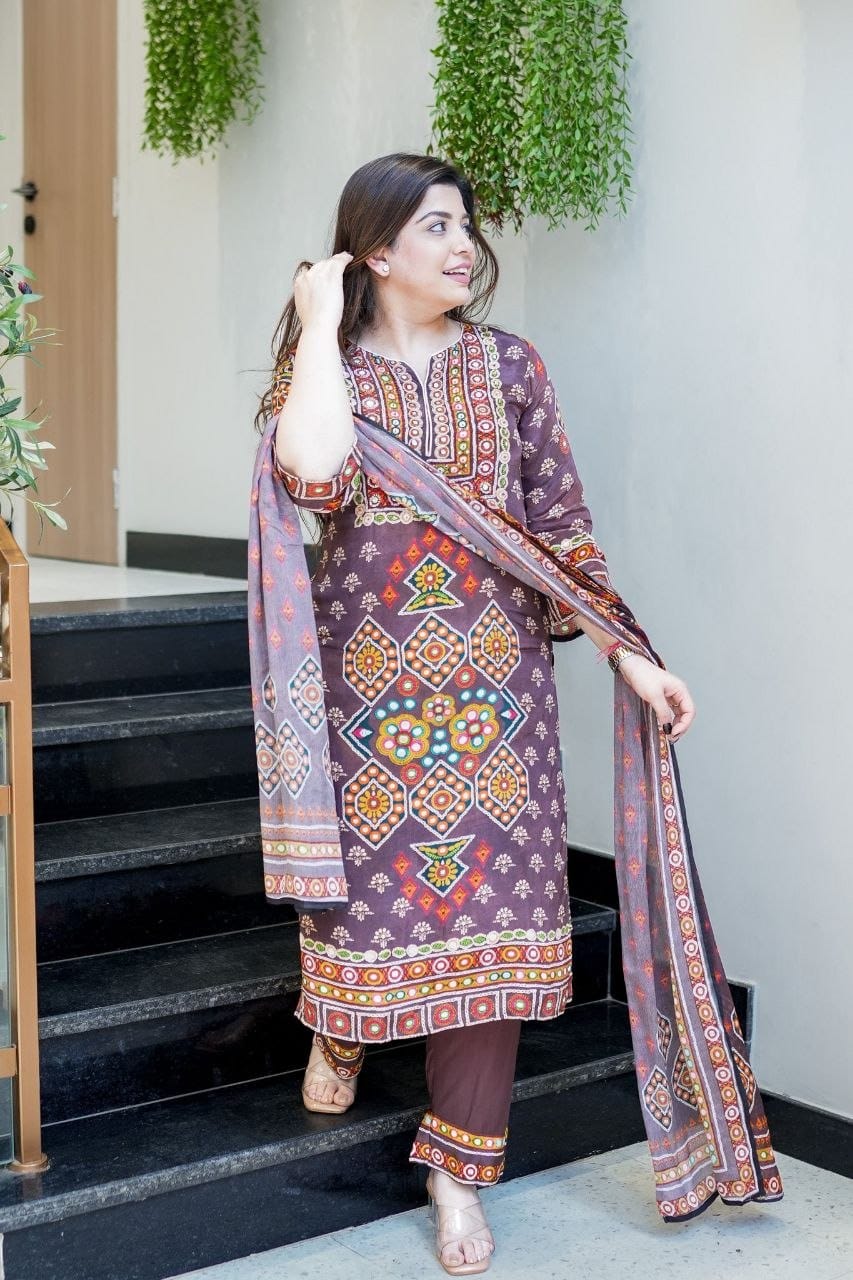 Brown Ethnic Printed Kurta Pant Set