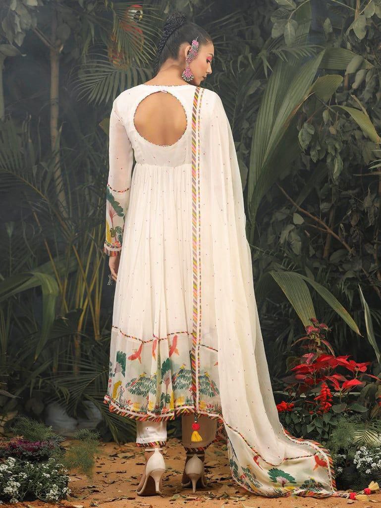 Ivory Floral Printed Anarkali Kurta Pant Set with Dupatta