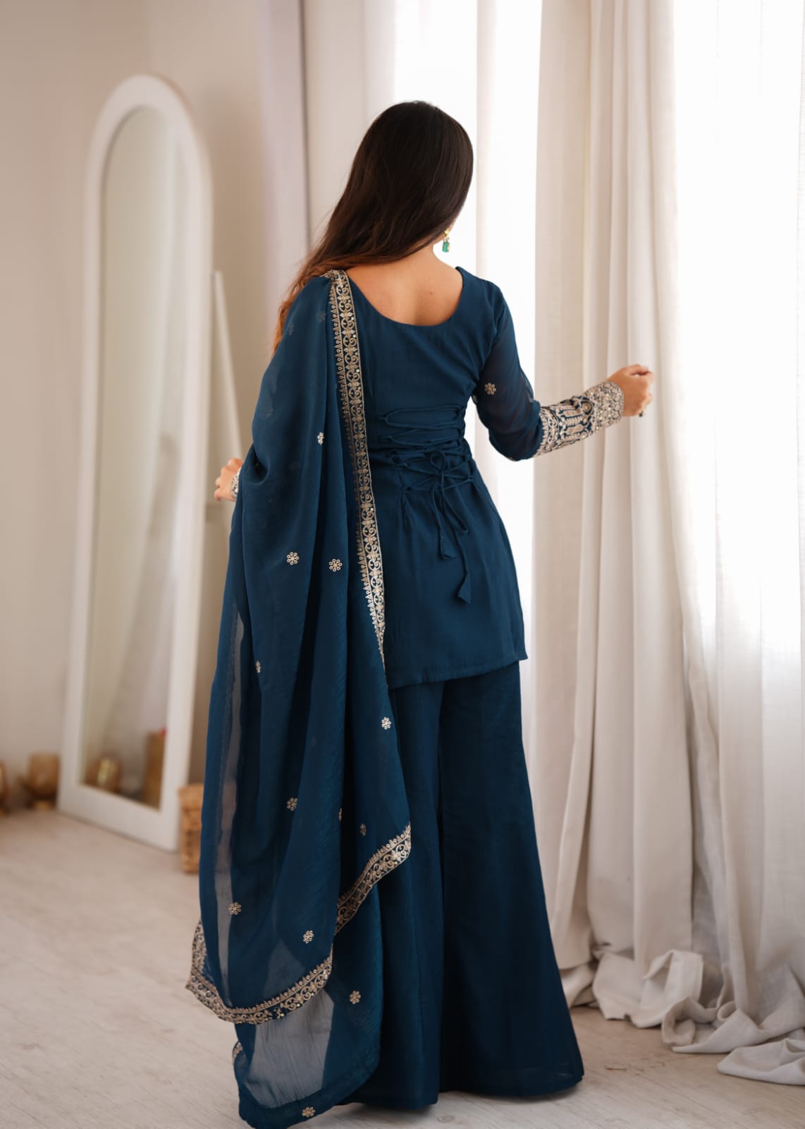 Indigo Embroidered Kurta Sharara Set