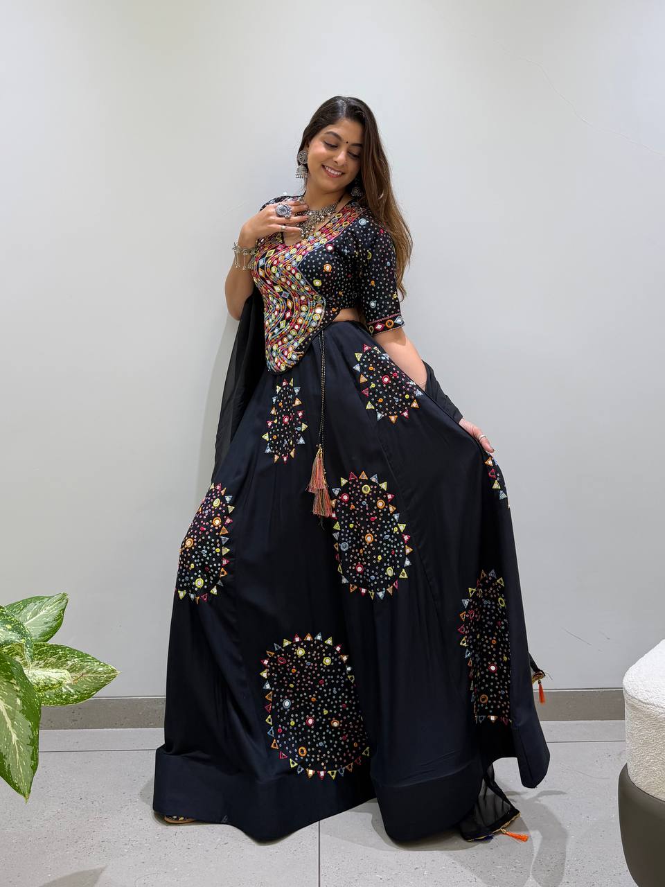 Black Mirror Work Designer Lehenga Choli with Dupatta