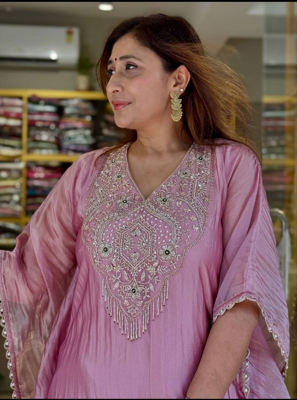 Dusty Rose Embroidered Salsa Crush Silk Kaftan and Plazzo Set