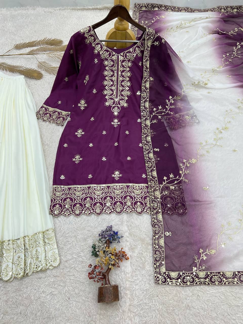 Royal Purple Embroidered Kurta Palazzo & Dupatta Set