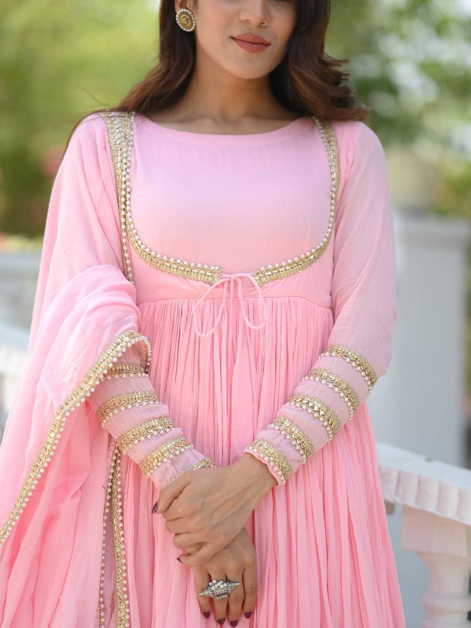 Pastel Pink Anarkali Suit Set with Gold Border Dupatta