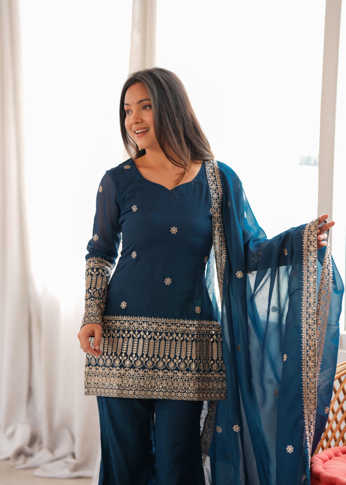 Indigo Embroidered Kurta Sharara Set
