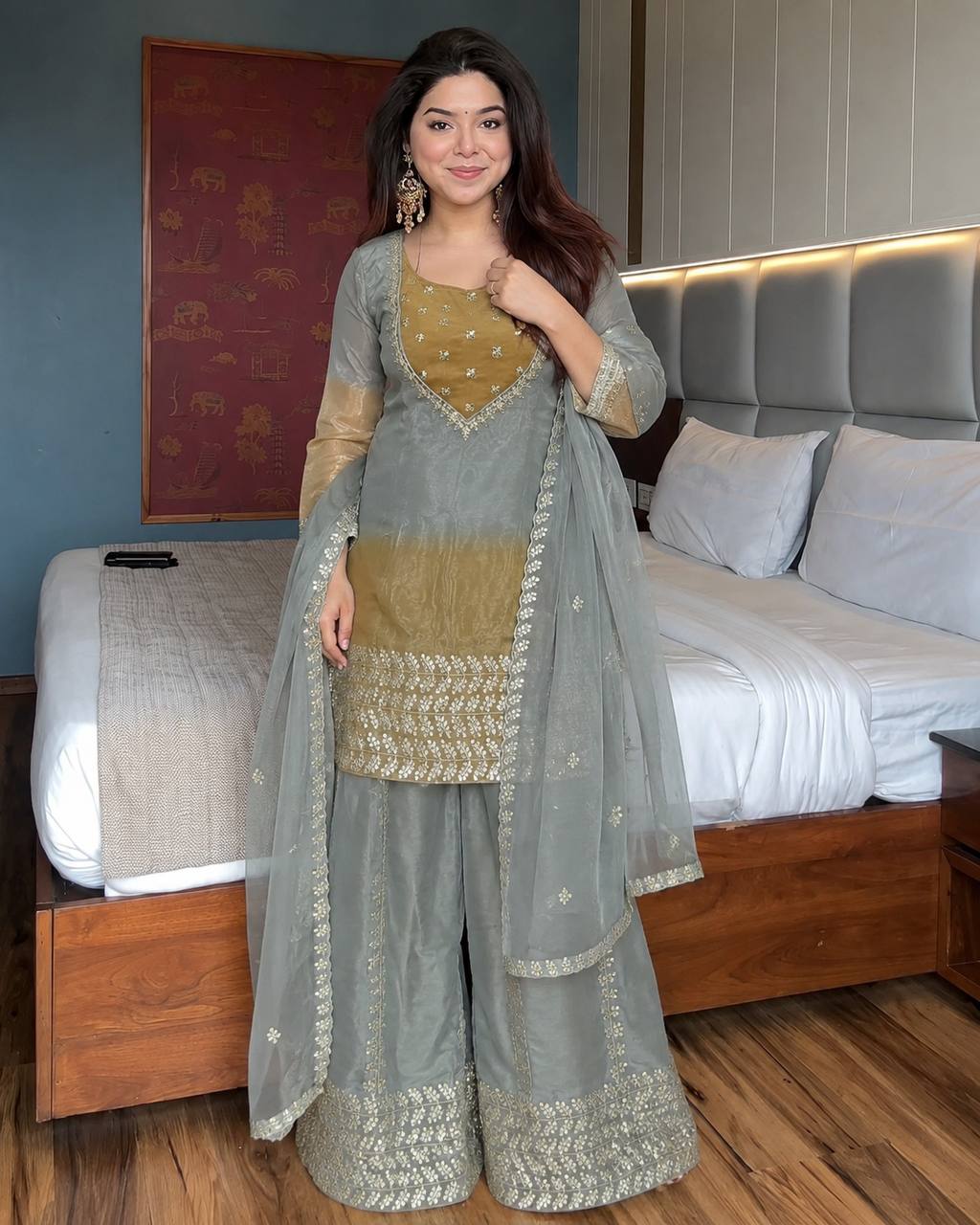 Sage Green Embroidered Sharara Suit with Organza Dupatta