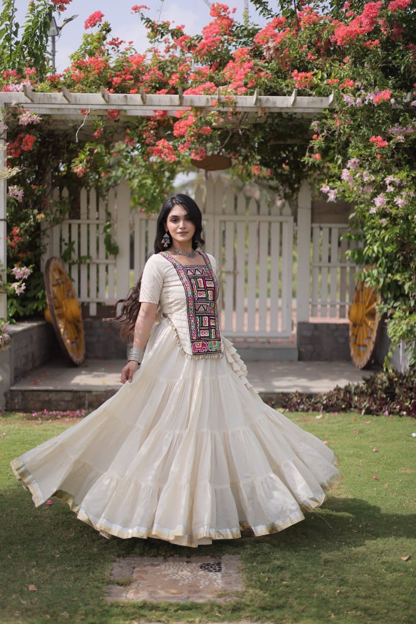 Women’s White Navratri Lehenga Choli with Multicolor Embroidered Front