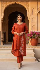 Women's Rust Orange Embroidered Kurta Pant Set