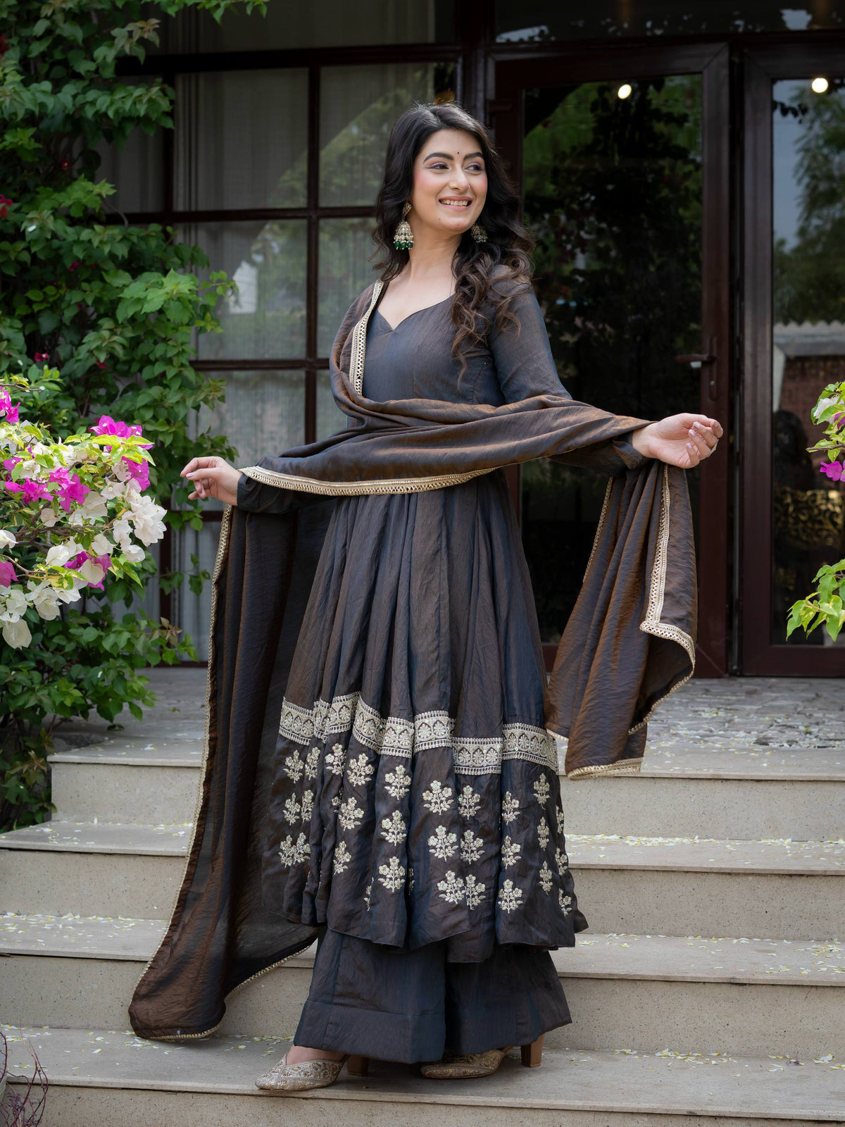 Charcoal Grey Embroidered Anarkali Suit with Dupatta