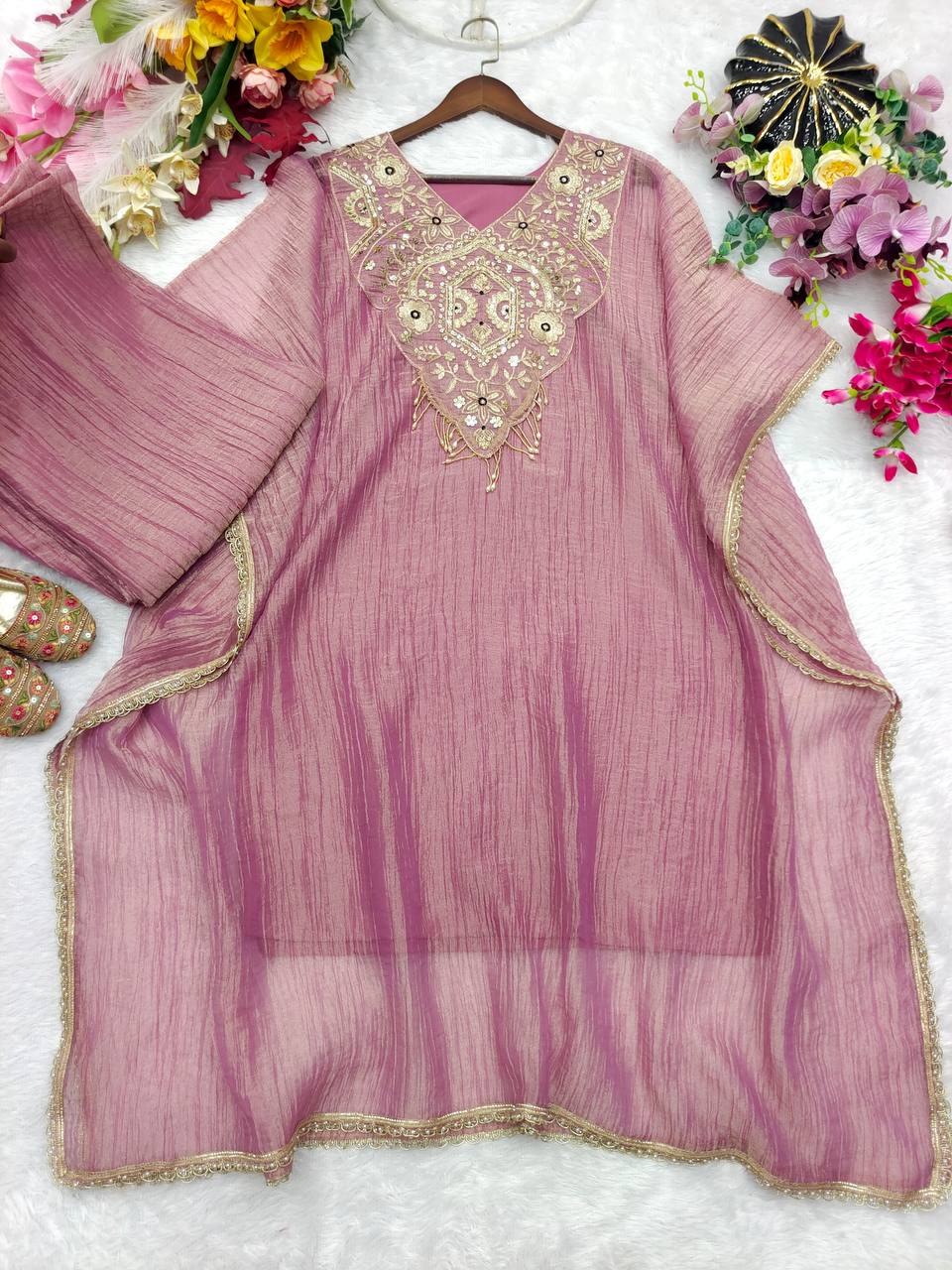 Dusty Rose Embroidered Salsa Crush Silk Kaftan and Plazzo Set