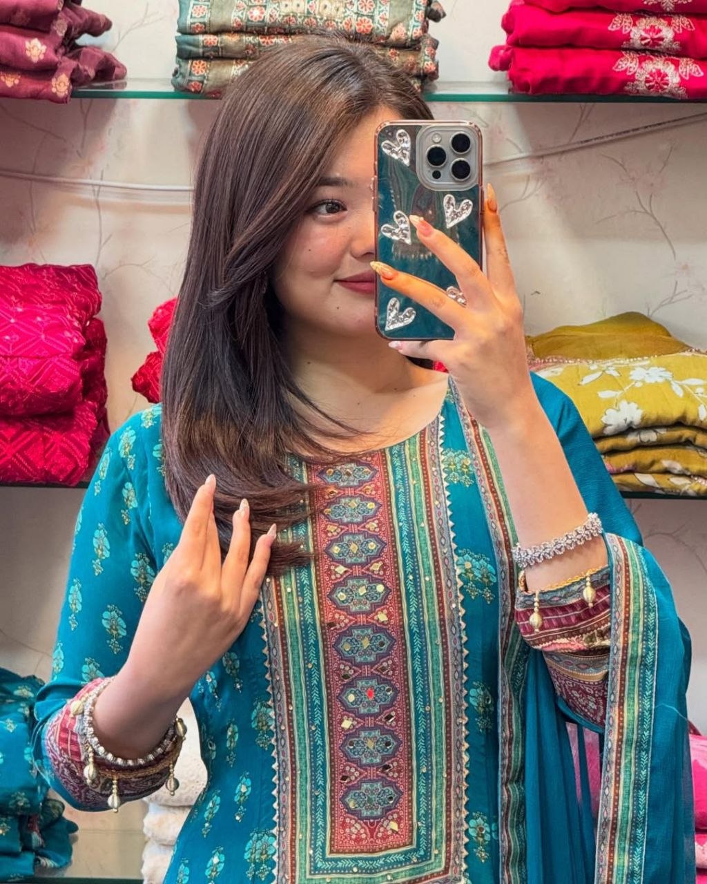 Teal Blue Printed Anarkali Suit Set with Dupatta