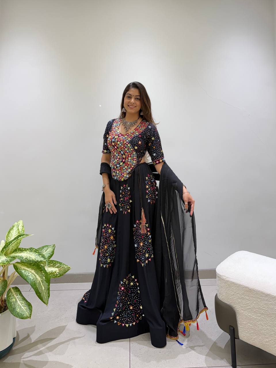 Black Mirror Work Designer Lehenga Choli with Dupatta