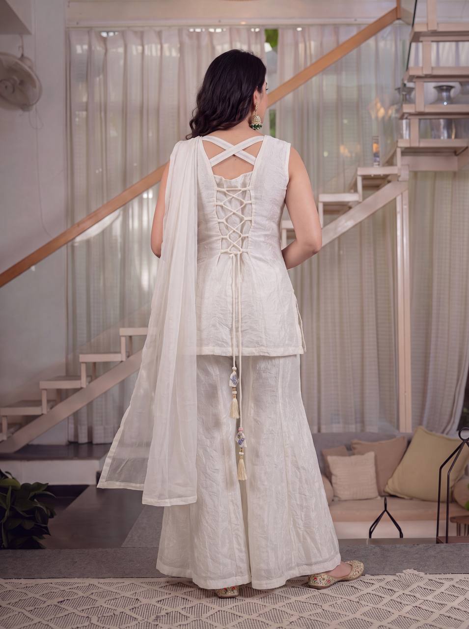 White Floral Embroidered Peplum Sharara Set with Dupatta